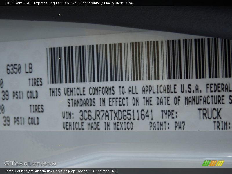 2013 1500 Express Regular Cab 4x4 Bright White Color Code PW7