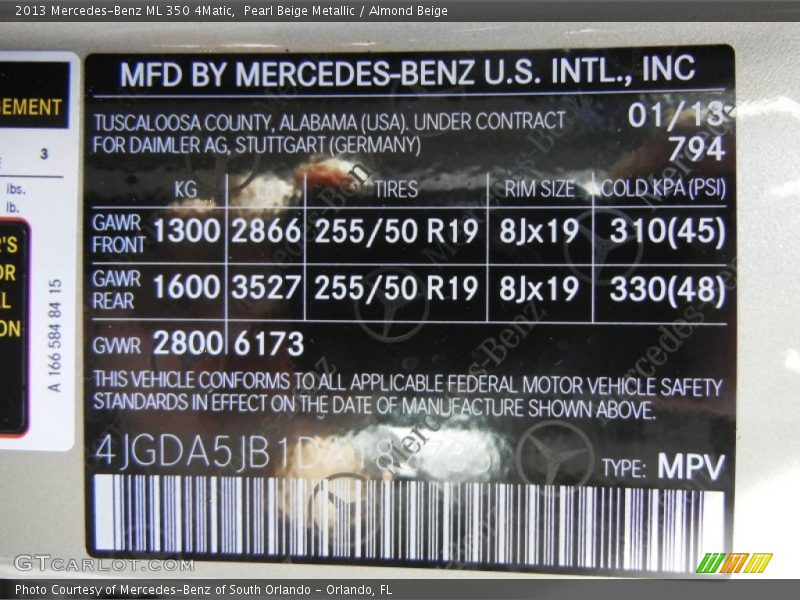2013 ML 350 4Matic Pearl Beige Metallic Color Code 794
