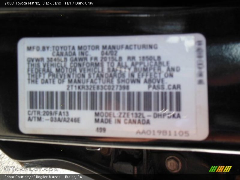 Black Sand Pearl / Dark Gray 2003 Toyota Matrix
