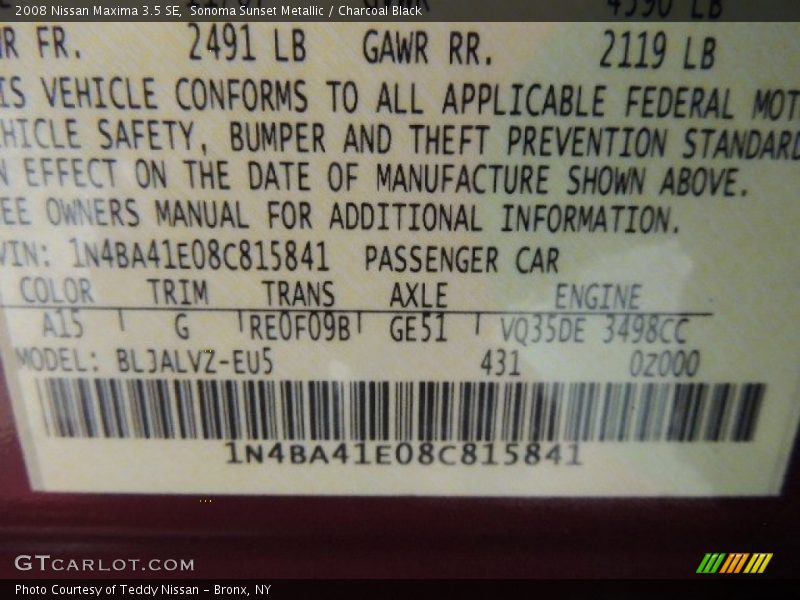 Sonoma Sunset Metallic / Charcoal Black 2008 Nissan Maxima 3.5 SE