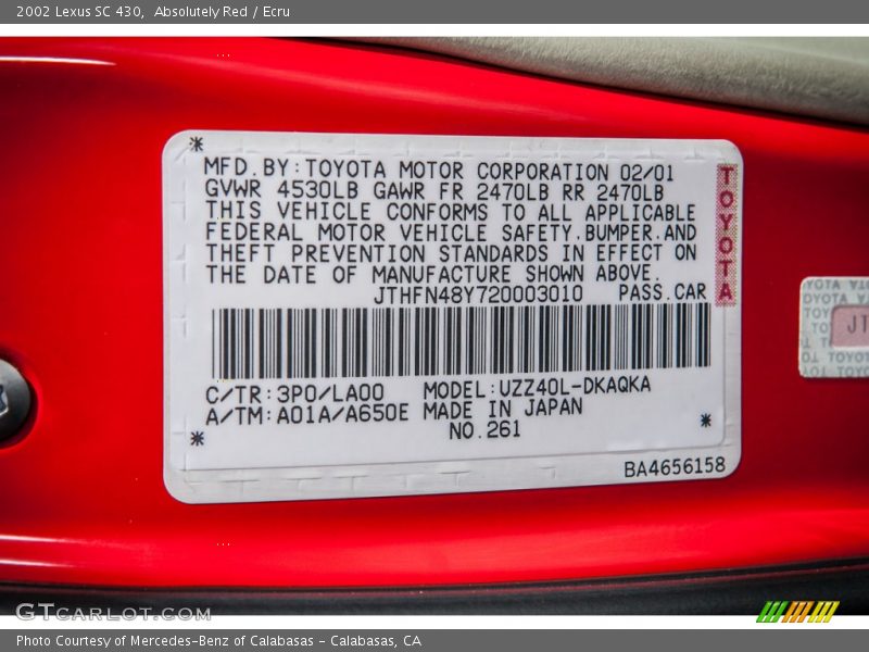 2002 SC 430 Absolutely Red Color Code 3P0