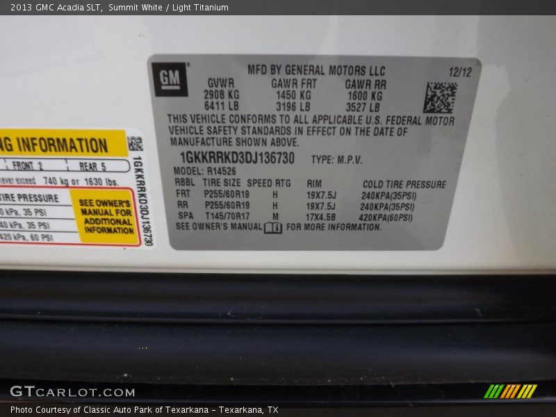 Summit White / Light Titanium 2013 GMC Acadia SLT