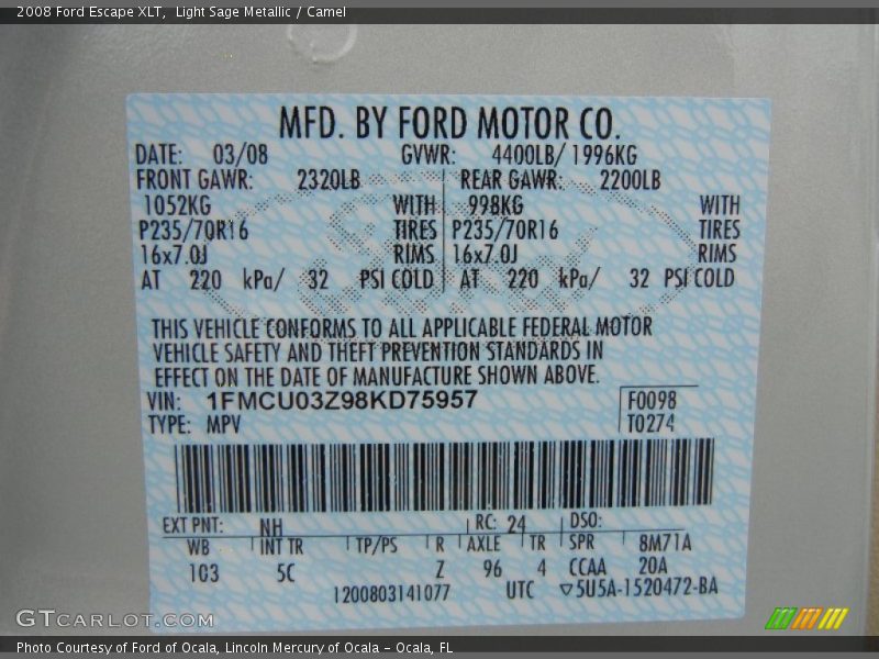 2008 Escape XLT Light Sage Metallic Color Code NH