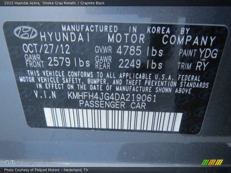 Smoke Gray Metallic / Graphite Black 2013 Hyundai Azera