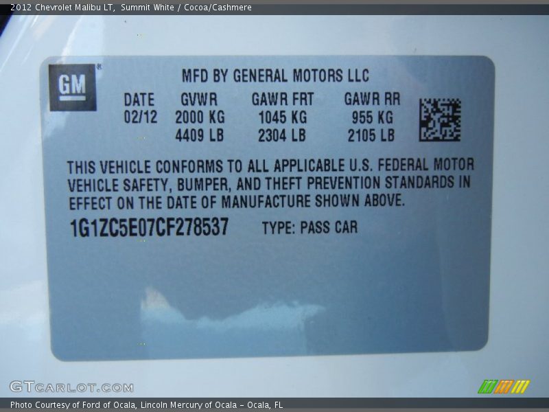 Summit White / Cocoa/Cashmere 2012 Chevrolet Malibu LT