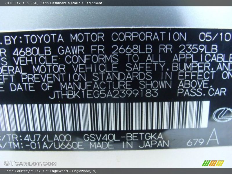 2010 ES 350 Satin Cashmere Metallic Color Code 4U7