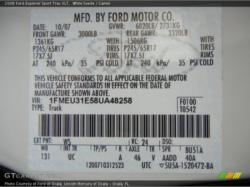 2008 Explorer Sport Trac XLT White Suede Color Code WS