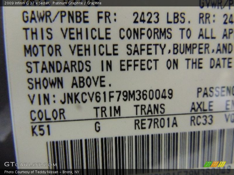 Platinum Graphite / Graphite 2009 Infiniti G 37 x Sedan