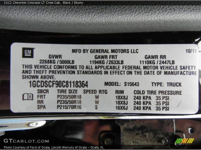 Black / Ebony 2012 Chevrolet Colorado LT Crew Cab