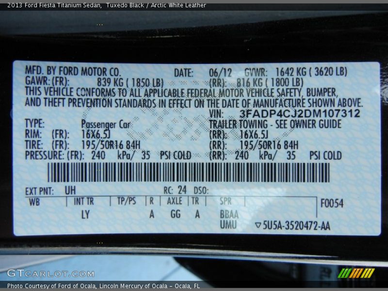 2013 Fiesta Titanium Sedan Tuxedo Black Color Code UH