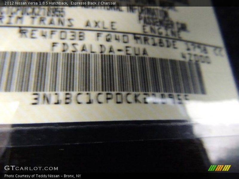Espresso Black / Charcoal 2012 Nissan Versa 1.8 S Hatchback