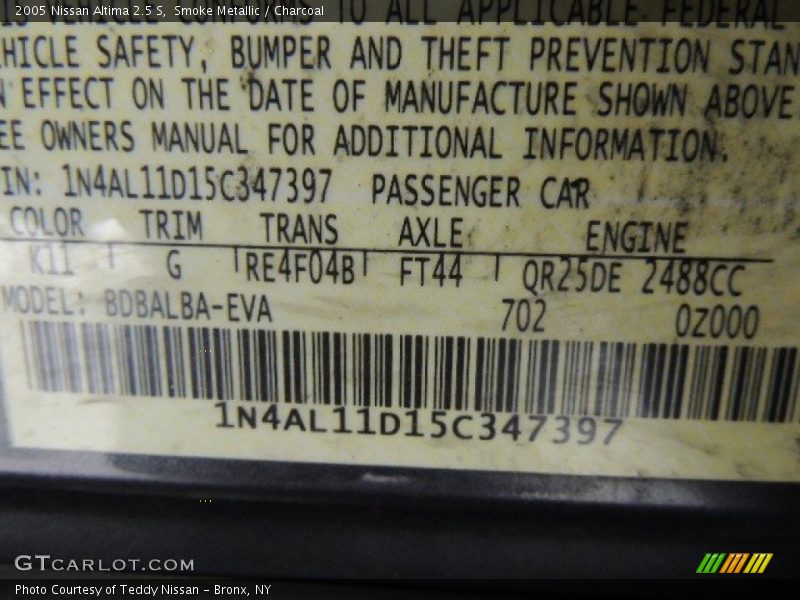 Smoke Metallic / Charcoal 2005 Nissan Altima 2.5 S
