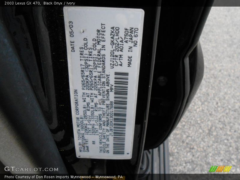 2003 GX 470 Black Onyx Color Code 202
