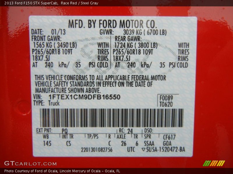 2013 F150 STX SuperCab Race Red Color Code PQ
