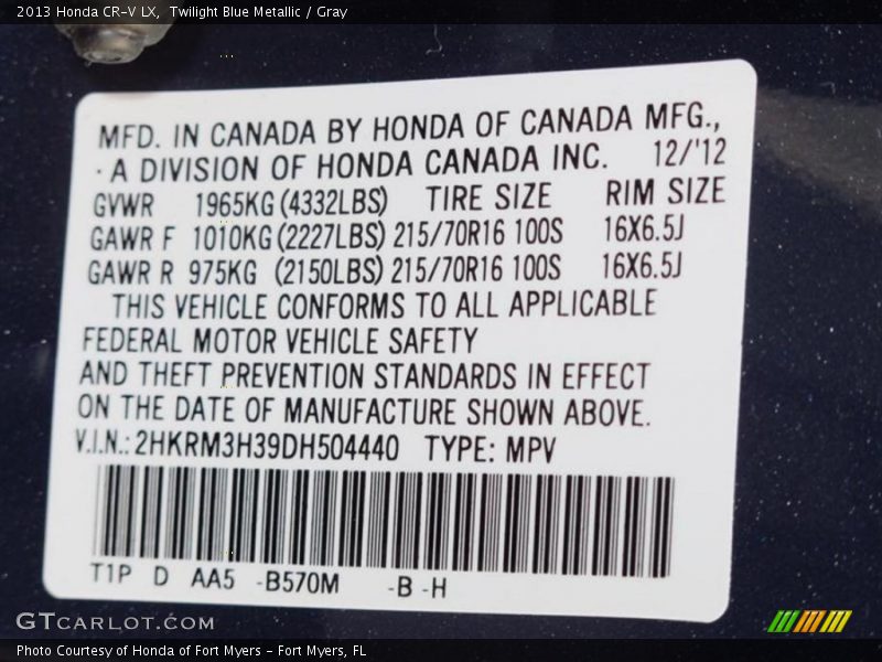 2013 CR-V LX Twilight Blue Metallic Color Code B570M