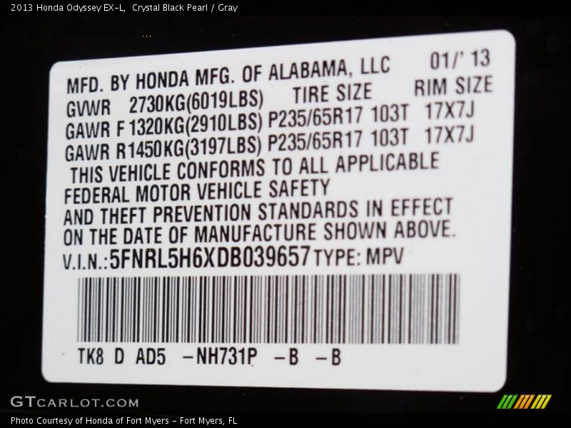 Crystal Black Pearl / Gray 2013 Honda Odyssey EX-L