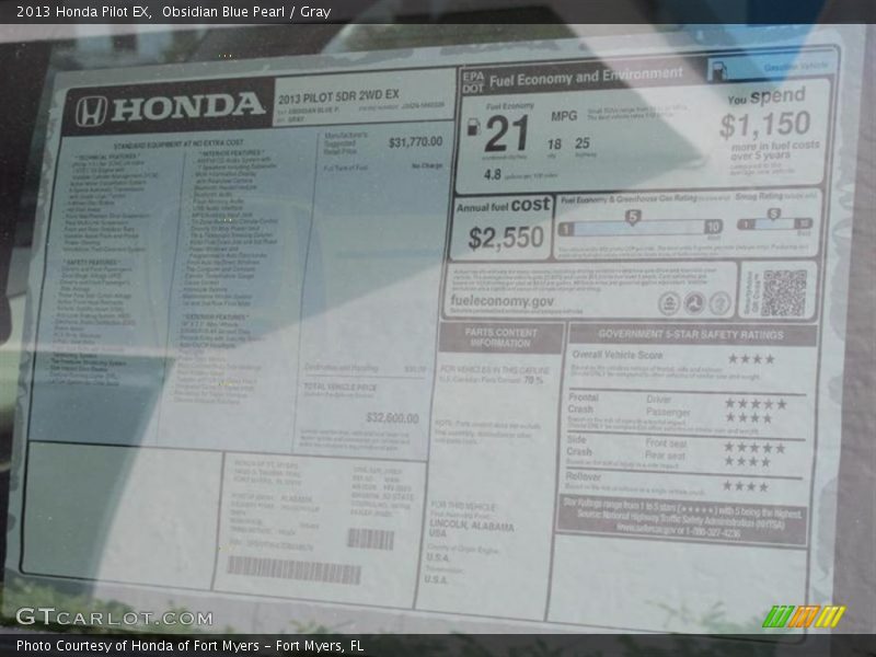 Obsidian Blue Pearl / Gray 2013 Honda Pilot EX