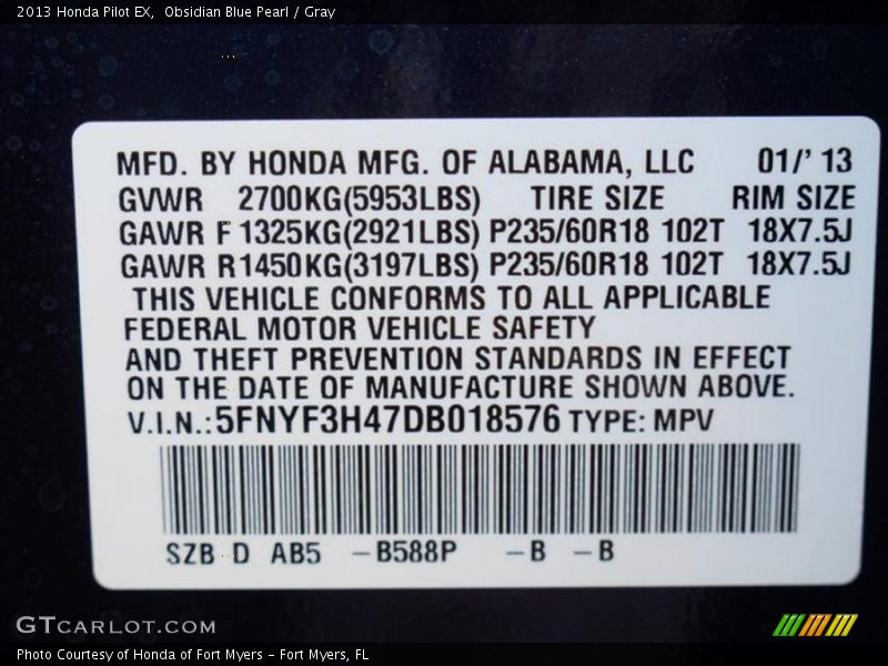 Obsidian Blue Pearl / Gray 2013 Honda Pilot EX