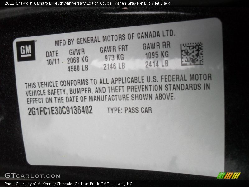 Ashen Gray Metallic / Jet Black 2012 Chevrolet Camaro LT 45th Anniversary Edition Coupe