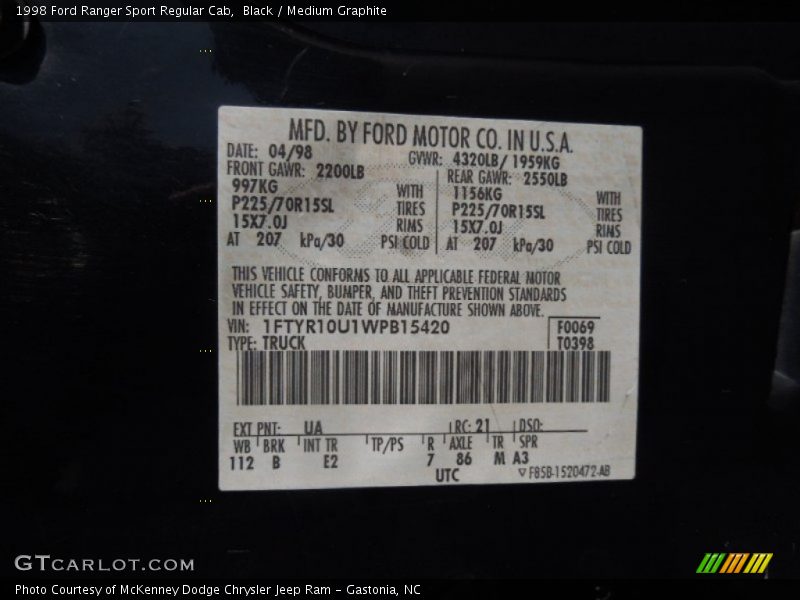 1998 Ranger Sport Regular Cab Black Color Code UA