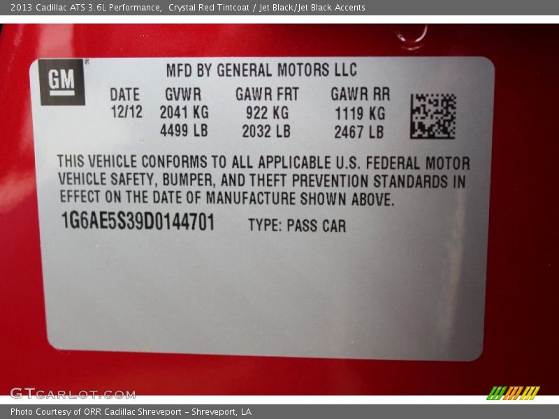 Crystal Red Tintcoat / Jet Black/Jet Black Accents 2013 Cadillac ATS 3.6L Performance