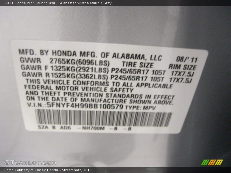 Alabaster Silver Metallic / Gray 2011 Honda Pilot Touring 4WD
