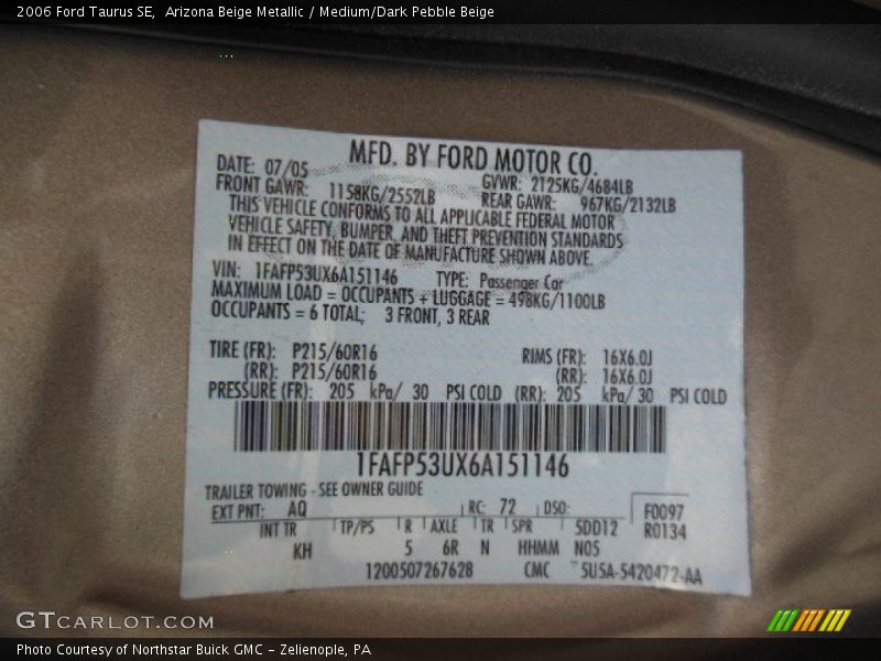 Arizona Beige Metallic / Medium/Dark Pebble Beige 2006 Ford Taurus SE