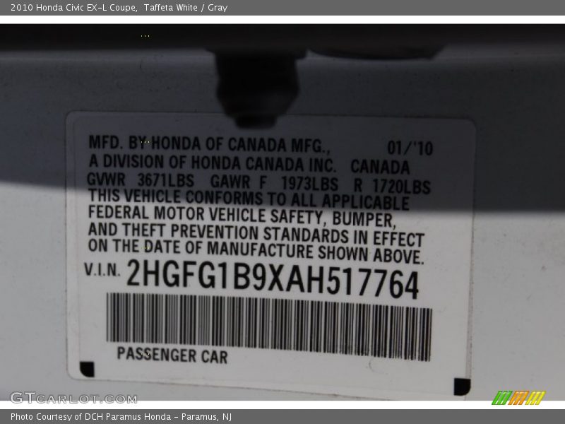 Taffeta White / Gray 2010 Honda Civic EX-L Coupe