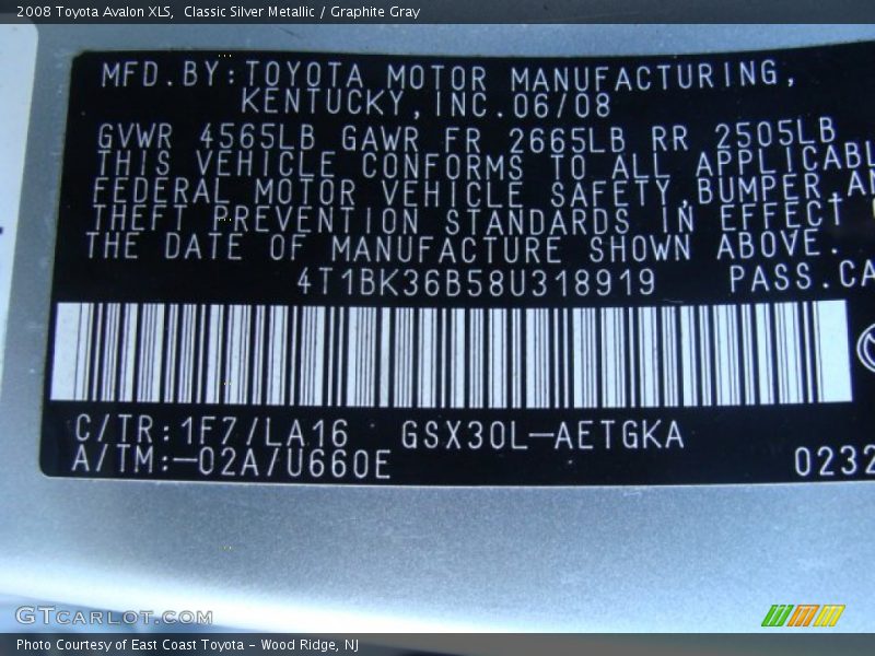 Classic Silver Metallic / Graphite Gray 2008 Toyota Avalon XLS