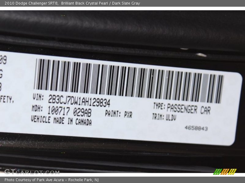2010 Challenger SRT8 Brilliant Black Crystal Pearl Color Code PXR