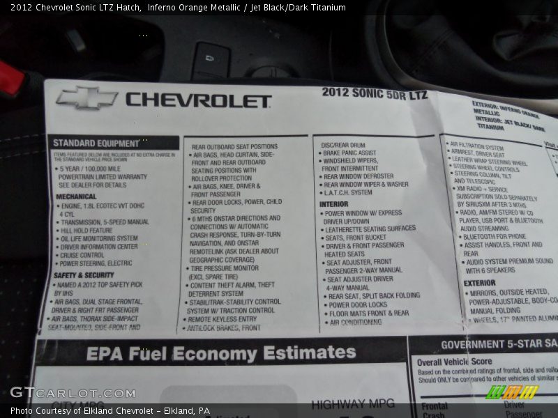  2012 Sonic LTZ Hatch Window Sticker