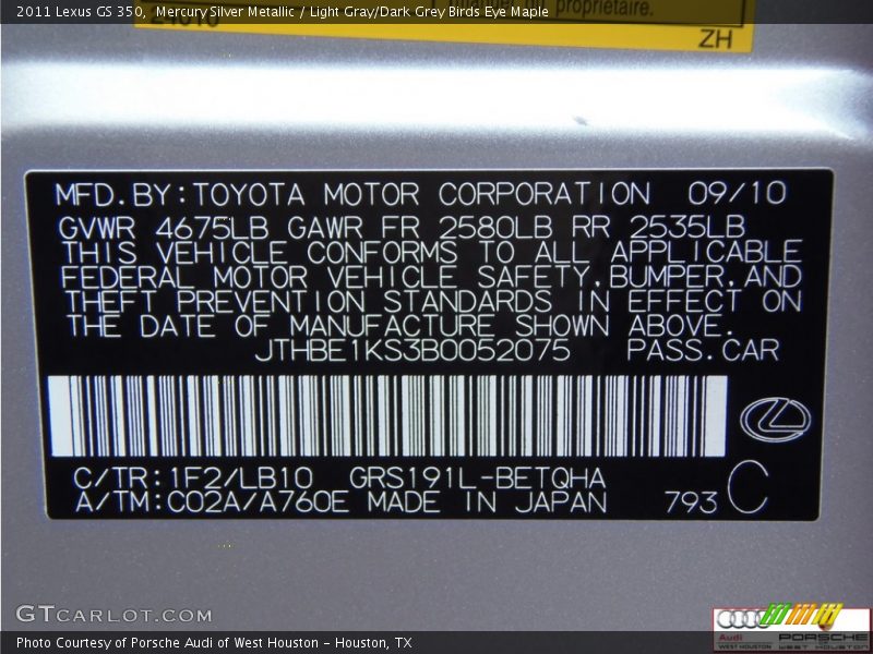 Mercury Silver Metallic / Light Gray/Dark Grey Birds Eye Maple 2011 Lexus GS 350