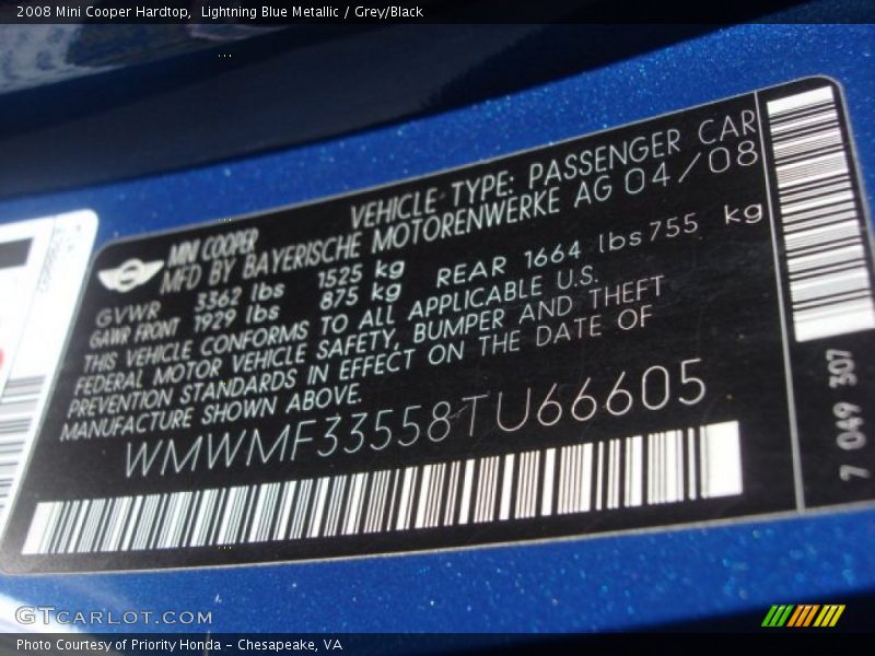 Lightning Blue Metallic / Grey/Black 2008 Mini Cooper Hardtop