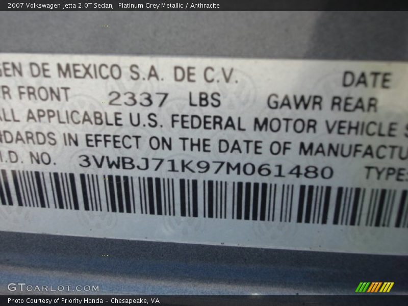 Platinum Grey Metallic / Anthracite 2007 Volkswagen Jetta 2.0T Sedan