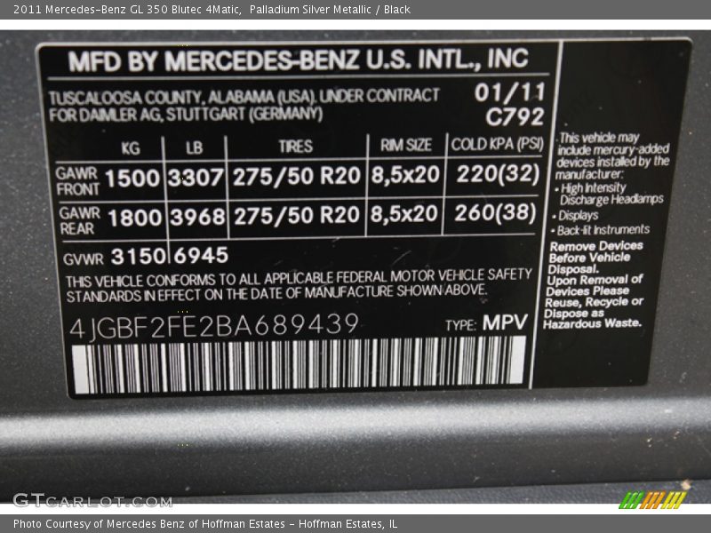 Palladium Silver Metallic / Black 2011 Mercedes-Benz GL 350 Blutec 4Matic