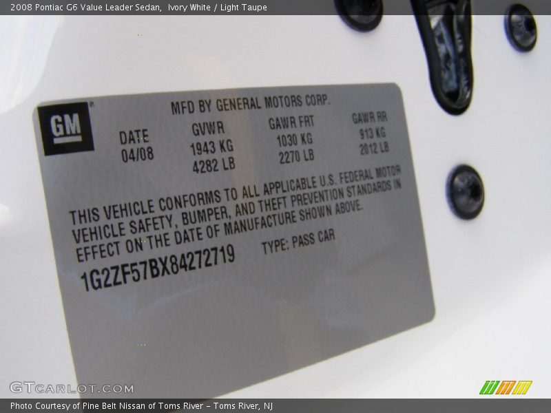 Ivory White / Light Taupe 2008 Pontiac G6 Value Leader Sedan