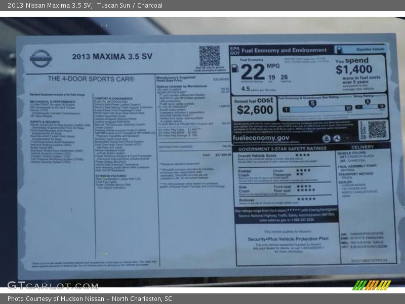  2013 Maxima 3.5 SV Window Sticker