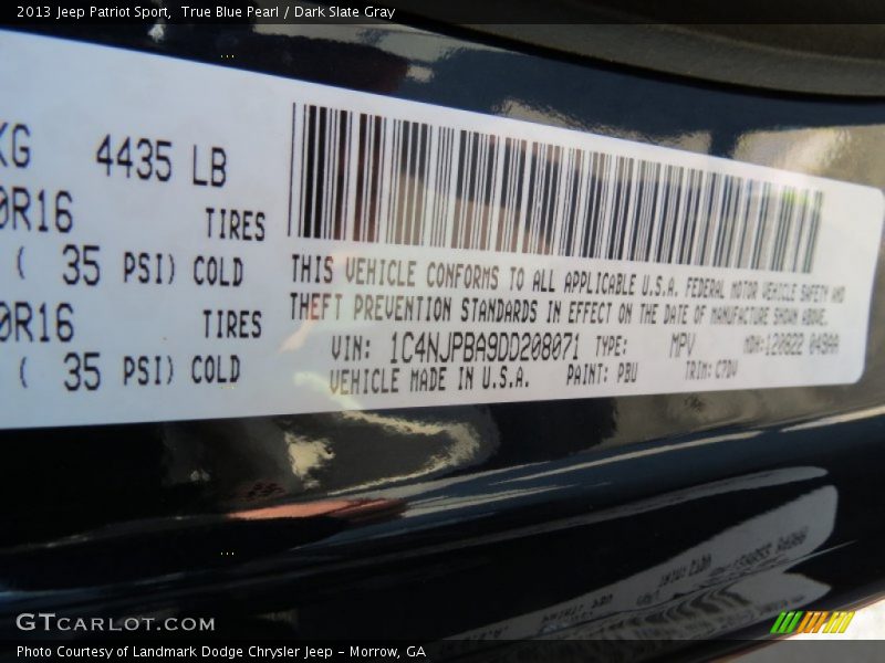 True Blue Pearl / Dark Slate Gray 2013 Jeep Patriot Sport