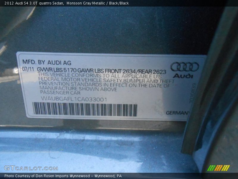 Monsoon Gray Metallic / Black/Black 2012 Audi S4 3.0T quattro Sedan