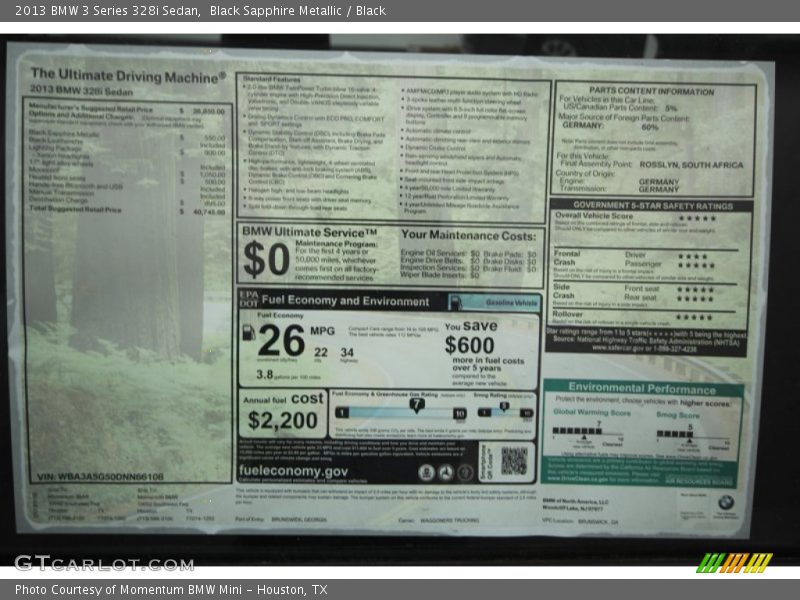  2013 3 Series 328i Sedan Window Sticker