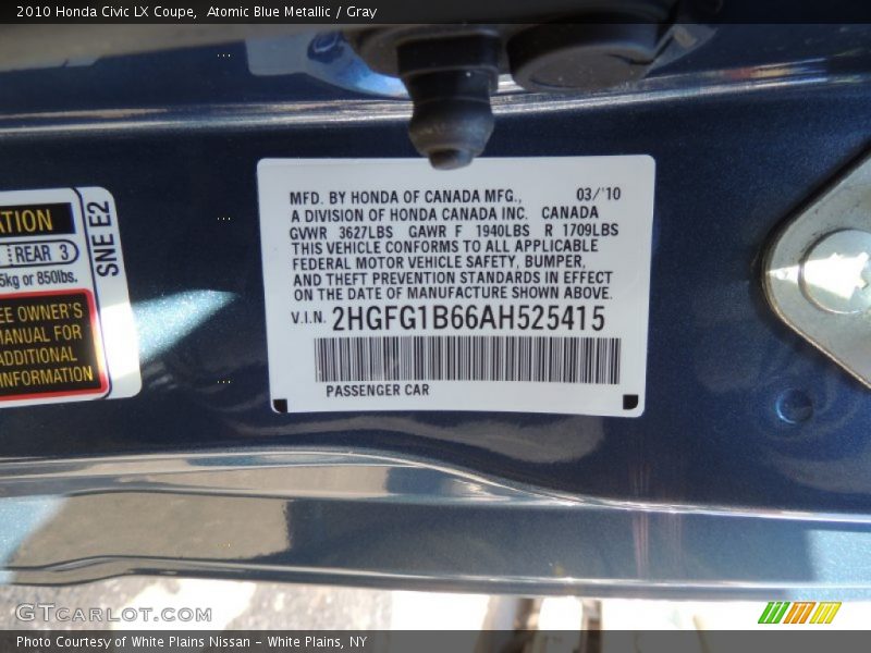 Atomic Blue Metallic / Gray 2010 Honda Civic LX Coupe