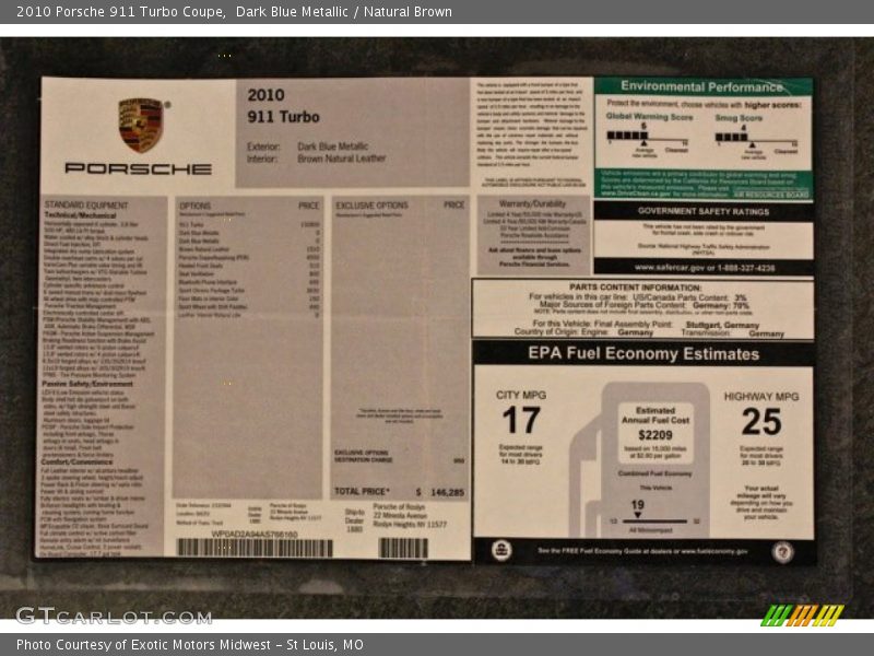  2010 911 Turbo Coupe Window Sticker
