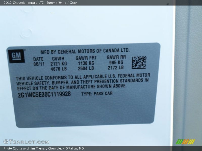 Summit White / Gray 2012 Chevrolet Impala LTZ
