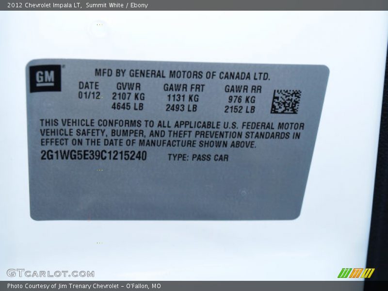Summit White / Ebony 2012 Chevrolet Impala LT