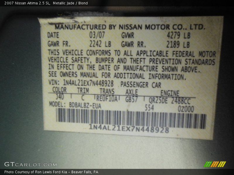 Metallic Jade / Blond 2007 Nissan Altima 2.5 SL
