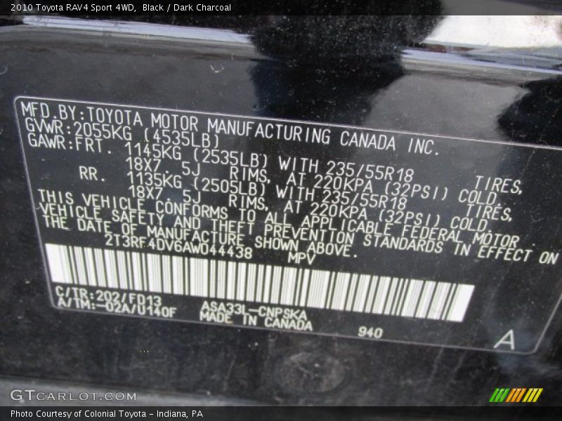 Black / Dark Charcoal 2010 Toyota RAV4 Sport 4WD