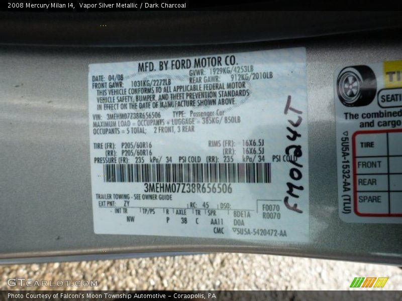 2008 Milan I4 Vapor Silver Metallic Color Code ZY