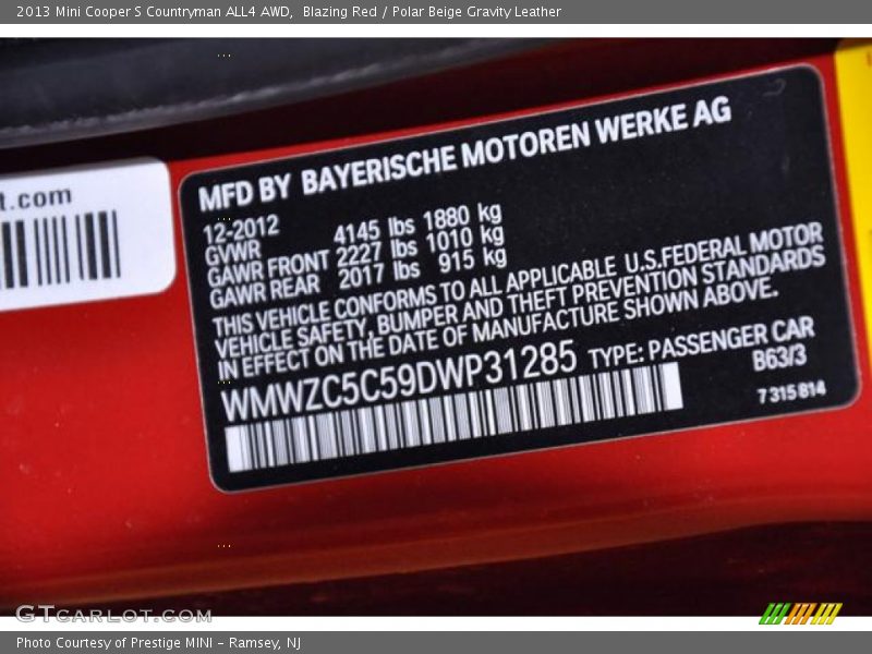 Blazing Red / Polar Beige Gravity Leather 2013 Mini Cooper S Countryman ALL4 AWD