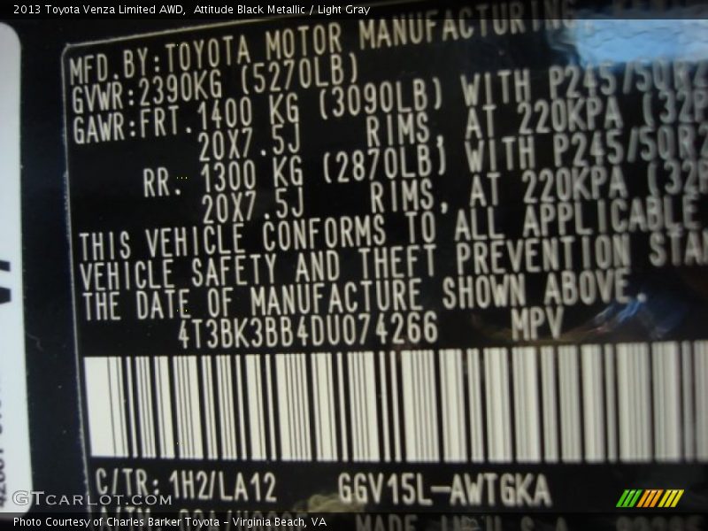 Attitude Black Metallic / Light Gray 2013 Toyota Venza Limited AWD