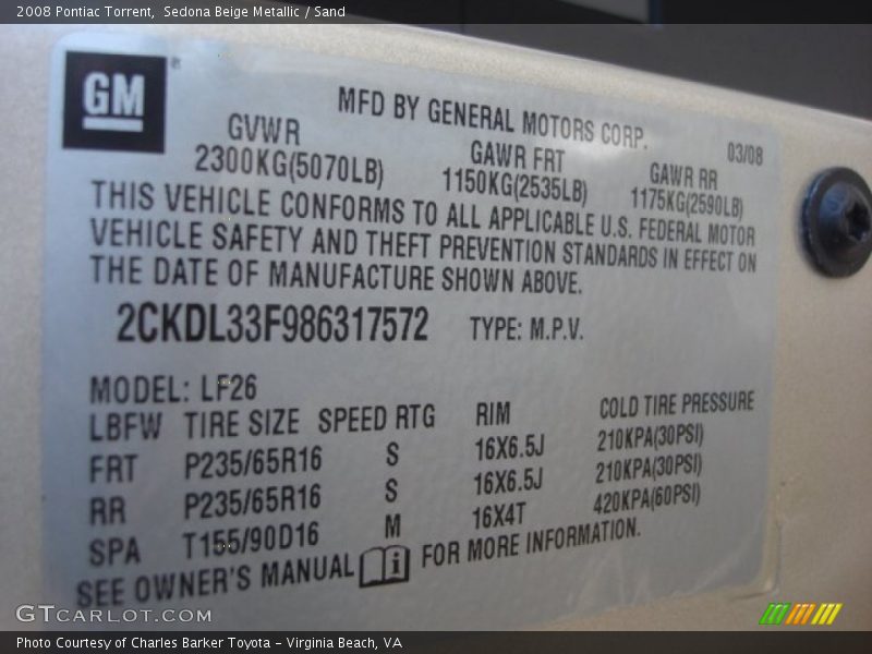 Sedona Beige Metallic / Sand 2008 Pontiac Torrent